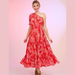 One-Shoulder Red Tropical Print Maxi Dress
